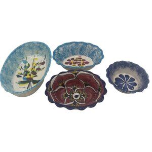 Handpainted Scalloped Ceramic Bowls  Set Of 4  Floral & Abstract Patterns  Multi